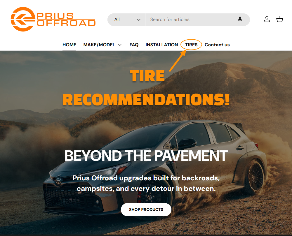 Interface of the Prius Offroad tire recommendation app showing a vehicle selection dropdown for Prius Gen 2, Gen 3, Gen 4, and Prius V.