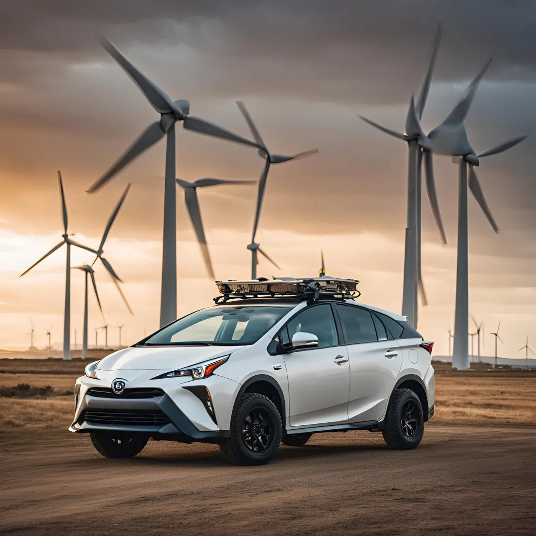 A prius with a Prius Offroad lift kit parked in front of wind turbines